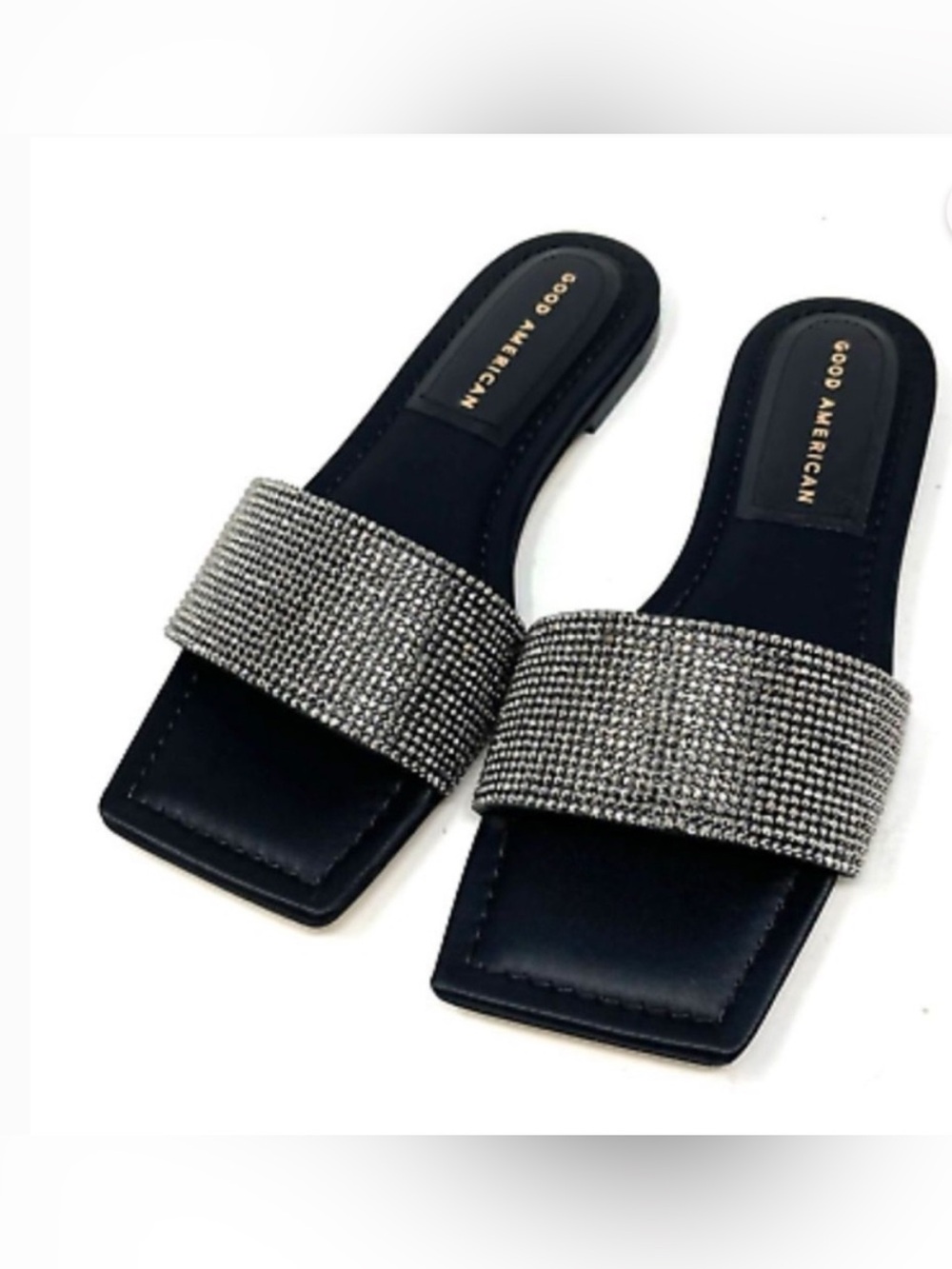 Good American Black Slide Sandals with Silver Crystal Strap